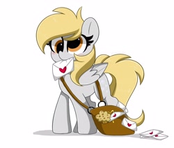 Size: 4096x3476 | Tagged: safe, artist:kittyrosie, derpy hooves, pegasus, pony, g4, blushing, cute, derpabetes, food, high res, mail, muffin, simple background, solo, that pony sure does love muffins, white background