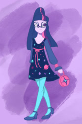 Size: 1024x1536 | Tagged: dead source, safe, artist:pettypop, sci-twi, twilight sparkle, equestria girls, g4, clothes, dress, glasses, handbag, planet, shoes, solo, stars, stockings, thigh highs