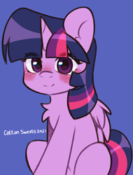 Size: 1020x1341 | Tagged: safe, artist:cottonsweets, twilight sparkle, alicorn, pony, g4, blue background, blushing, chest fluff, cute, signature, simple background, sitting, solo, twiabetes, twilight sparkle (alicorn), weapons-grade cute