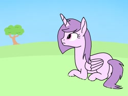 Size: 1024x768 | Tagged: safe, artist:windy breeze, oc, oc only, oc:totum, alicorn, pony, alicorn oc, blank flank, butt, female, gone, grass, horn, lying down, mare, plot, prone, sad, sitting, solo, thoughts, tree, wings