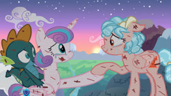Size: 3840x2160 | Tagged: dead source, safe, artist:lavender-annabella, baby rubble, cozy glow, princess flurry heart, alicorn, dragon, pegasus, pony, g4, a better ending for cozy, bruised, crying, dragon oc, female, high res, injured, lesbian, older, older cozy glow, older flurry heart, older rubble, ship:cozyheart, shipping, tears of joy