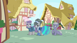 Size: 1920x1080 | Tagged: safe, artist:cencerberon, artist:estories, artist:tomfraggle, edit, vector edit, limestone pie, marble pie, maud pie, earth pony, pony, g4, alternate hairstyle, clothes, dress, female, formal wear, gown, hairband, lidded eyes, mare, pie sisters, ponyville, siblings, sisters, vector