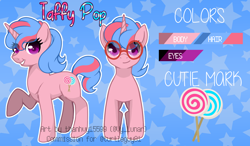 Size: 1500x876 | Tagged: safe, artist:helithusvy, oc, oc only, oc:taffy pop, pony, unicorn, blue background, candy, commission, female, food, glasses, glasses off, pink eyes, reference sheet, simple background, solo