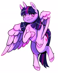 Size: 1625x2048 | Tagged: safe, artist:paintedcora, twilight sparkle, alicorn, pony, g4, chest fluff, female, looking at you, mare, simple background, solo, twilight sparkle (alicorn), unshorn fetlocks, white background