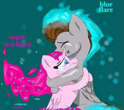 Size: 547x486 | Tagged: safe, artist:@cameron, oc, oc only, oc:blue flare, oc:sugar starburst, alicorn, pegasus, pony, brother and sister, crying, duo, female, glowing mane, glowing tail, hug, male, normal background, siblings, smiling, stars, wavy mane
