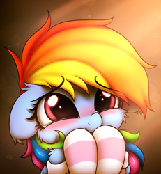 Size: 2500x2700 | Tagged: safe, artist:heavymetalbronyyeah, rainbow dash, pegasus, pony, blushing, bust, cheek fluff, clothes, crepuscular rays, crying, cute, dashabetes, ear fluff, female, floppy ears, happy, high res, hooves on face, hooves on mouth, shoulder fluff, socks, solo, striped socks, tears of joy, weapons-grade cute