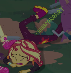 Size: 699x720 | Tagged: safe, artist:thedarkpony, edit, edited screencap, screencap, sunset shimmer, equestria girls, equestria girls series, g4, sunset's backstage pass!, spoiler:eqg series (season 2), clothes, cropped, fart, fart edit, fart noise, female, onomatopoeia, pants, sound effects
