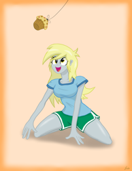 Size: 1284x1653 | Tagged: safe, artist:lennondash, derpy hooves, equestria girls, g4, dangling, female, food, kneeling, looking up, muffin, open mouth, rope, solo