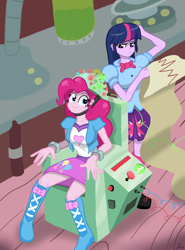 Size: 1622x2197 | Tagged: safe, artist:lennondash, pinkie pie, twilight sparkle, human, equestria girls, feeling pinkie keen, g4, boots, breasts, clothes, device, duo, duo female, equestria girls interpretation, eyebrows, female, frown, graph, laboratory, machinery, puffy sleeves, scene interpretation, shirt, shoes, sitting, skirt, smiling, teenager, twilight's lab