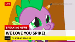 Size: 1005x562 | Tagged: safe, edit, edited screencap, screencap, spike, dragon, g4, the ending of the end, break your own news, breaking news, crying, good end, love, pencil, pencil behind ear, solo, spikelove, tears of joy, teary eyes, winged spike, wings