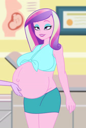 Size: 1857x2753 | Tagged: safe, artist:0024387, dean cadance, princess cadance, equestria girls, g4, and that's how flurry heart was made, bedroom eyes, belly, belly button, bellyrubs, big belly, big breasts, breasts, disembodied hand, eyelashes, hand, implied twilight sparkle, pregdance, pregnant, smiling, solo focus