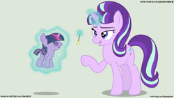 Size: 1920x1080 | Tagged: safe, artist:gamerpen, starlight glimmer, twilight sparkle, alicorn, pony, g4, age regression, baby, baby pony, babylight sparkle, bad end, female, filly, filly twilight sparkle, foal, green background, hypnosis, hypnotized, levitation, magic, mare, pendulum swing, s5 starlight, simple background, swirly eyes, telekinesis, this will end in communism, twilight sparkle (alicorn), younger