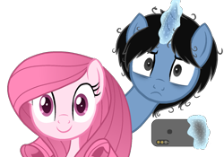 Size: 1179x823 | Tagged: safe, artist:muhammad yunus, oc, oc:annisa trihapsari, oc:siti shafiyyah, earth pony, pony, unicorn, time for two, g4, base used, black hair, blue body, cellphone, cute, duo, earth pony oc, female, hnnng, horn, mare, messy mane, ocbetes, phone, pink body, pink hair, simple background, smartphone, smiling, transparent background, unicorn oc, upset, vector