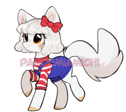 Size: 1162x1038 | Tagged: safe, artist:pandemiamichi, oc, oc only, cat, cat pony, original species, bow, clothes, female, hair bow, hello kitty, hello kitty (character), kitty white, obtrusive watermark, overalls, sanrio, simple background, solo, transparent background, watermark