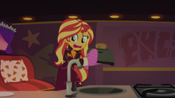 Size: 1334x750 | Tagged: safe, sunset shimmer, equestria girls, equestria girls series, g4, sunset's backstage pass!, spoiler:eqg series (season 2), bread, food, oven mitts, shocked, toast, toaster