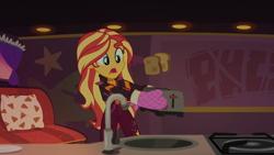 Size: 1334x750 | Tagged: safe, screencap, sunset shimmer, equestria girls, equestria girls series, g4, sunset's backstage pass!, spoiler:eqg series (season 2), bread, food, shocked, toast