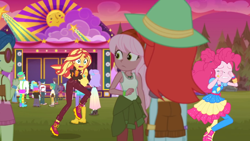Size: 1334x750 | Tagged: safe, screencap, bulk biceps, curly winds, ginger owlseye, laurel jade, peppermint azure, pinkie pie, raspberry lilac, sandy cerise, snails, snips, snow flower, some blue guy, sunset shimmer, track starr, human, equestria girls, equestria girls series, g4, sunset's backstage pass!, spoiler:eqg series (season 2), crying, eyes closed, female, male, open mouth, running, sad, sleeveless