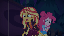 Size: 1334x750 | Tagged: safe, screencap, pinkie pie, sunset shimmer, equestria girls, equestria girls series, g4, sunset's backstage pass!, spoiler:eqg series (season 2), geode of empathy, geode of sugar bombs, magical geodes, music festival outfit