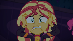 Size: 1334x750 | Tagged: safe, screencap, pinkie pie, sunset shimmer, equestria girls, equestria girls series, g4, sunset's backstage pass!, spoiler:eqg series (season 2), scared