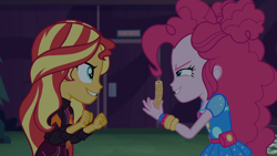 Size: 1334x750 | Tagged: safe, screencap, pinkie pie, sunset shimmer, equestria girls, equestria girls specials, g4, my little pony equestria girls: better together, my little pony equestria girls: sunset's backstage pass, churros, food