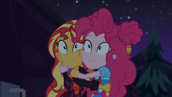 Size: 1334x750 | Tagged: safe, screencap, pinkie pie, sunset shimmer, equestria girls, equestria girls series, g4, sunset's backstage pass!, spoiler:eqg series (season 2), churros, fear hug, food, hug, scared