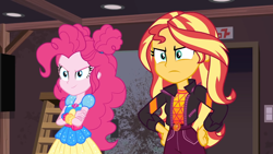 Size: 1334x750 | Tagged: safe, screencap, pinkie pie, sunset shimmer, equestria girls, equestria girls specials, g4, my little pony equestria girls: better together, my little pony equestria girls: sunset's backstage pass, crossed arms, geode of empathy, geode of sugar bombs, hand on hip, magical geodes, music festival outfit