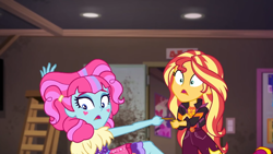 Size: 1334x750 | Tagged: safe, screencap, kiwi lollipop, sunset shimmer, equestria girls, equestria girls specials, g4, my little pony equestria girls: better together, my little pony equestria girls: sunset's backstage pass, duo, duo female, female, geode of empathy, k-lo, magical geodes, music festival outfit, shrunken pupils
