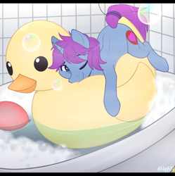 Size: 994x1000 | Tagged: safe, artist:higglytownhero, oc, oc only, oc:mobian, pony, unicorn, balloon, bath, cute, rubber duck, solo