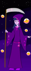 Size: 1280x2899 | Tagged: safe, artist:horsesplease, twilight sparkle, equestria girls, g4, clothes, grim reaper, hourglass, robes, rosy maple moth, scythe, smiling, solo, stars