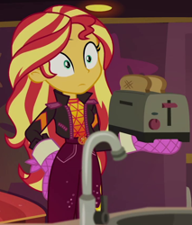 Size: 724x849 | Tagged: safe, screencap, sunset shimmer, equestria girls, equestria girls specials, g4, my little pony equestria girls: better together, my little pony equestria girls: sunset's backstage pass, bread, clothes, cropped, food, geode of empathy, magical geodes, music festival outfit, solo, toast, toaster