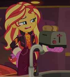 Size: 534x592 | Tagged: safe, screencap, sunset shimmer, equestria girls, equestria girls series, g4, sunset's backstage pass!, spoiler:eqg series (season 2), bread, clothes, cropped, food, geode of empathy, magical geodes, music festival outfit, solo, toast, toaster
