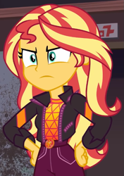 Size: 501x713 | Tagged: safe, screencap, sunset shimmer, equestria girls, equestria girls series, g4, sunset's backstage pass!, spoiler:eqg series (season 2), cropped, geode of empathy, hand on hip, magical geodes, music festival outfit, solo