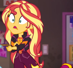 Size: 548x508 | Tagged: safe, screencap, sunset shimmer, equestria girls, equestria girls specials, g4, my little pony equestria girls: better together, my little pony equestria girls: sunset's backstage pass, cropped, d:, female, geode of empathy, magical geodes, music festival outfit, open mouth, shrunken pupils, solo