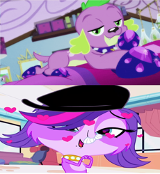 Size: 1280x1392 | Tagged: safe, artist:brandonale, edit, edited screencap, screencap, spike, spike the regular dog, dog, equestria girls, g4, my little pony equestria girls: better together, reboxing with spike!, boyfriend and girlfriend, comparison, crossover, crossover shipping, cute, female, heart, littlest pet shop, love, male, shipping, straight, zoe trent, zoespike