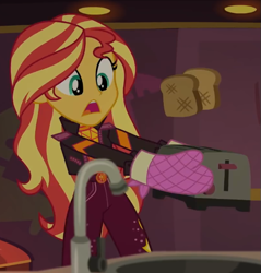 Size: 565x592 | Tagged: safe, screencap, sunset shimmer, equestria girls, equestria girls specials, g4, my little pony equestria girls: better together, my little pony equestria girls: sunset's backstage pass, bread, cropped, food, geode of empathy, magical geodes, mittens, music festival outfit, solo, toast, toaster