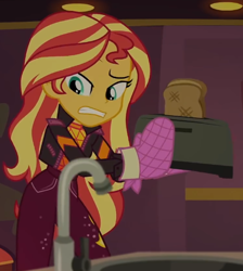 Size: 518x579 | Tagged: safe, screencap, sunset shimmer, equestria girls, equestria girls specials, g4, my little pony equestria girls: better together, my little pony equestria girls: sunset's backstage pass, bread, cropped, food, solo, toast, toaster