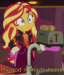 Size: 724x849 | Tagged: safe, edit, edited screencap, screencap, sunset shimmer, equestria girls, equestria girls specials, g4, my little pony equestria girls: better together, my little pony equestria girls: sunset's backstage pass, bread, caption, clothes, cropped, food, geode of empathy, image macro, magical geodes, solo, text, toast, toaster