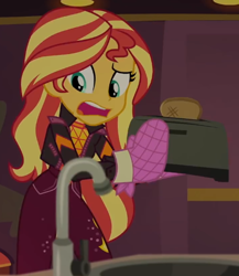 Size: 496x571 | Tagged: safe, screencap, sunset shimmer, equestria girls, equestria girls specials, g4, my little pony equestria girls: better together, my little pony equestria girls: sunset's backstage pass, bread, cropped, food, solo, toast, toaster