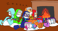 Size: 2304x1239 | Tagged: safe, artist:bugssonicx, applejack, fluttershy, pinkie pie, rainbow dash, rarity, sci-twi, sunset shimmer, twilight sparkle, human, equestria girls, g4, bondage, cloth gag, clothes, eyes closed, female, fireplace, footed sleeper, footie pajamas, gag, humane five, humane seven, humane six, onesie, onomatopoeia, over the nose gag, pajamas, rainbond dash, scarf, sleeping, sound effects, tied up, winter outfit, zzz