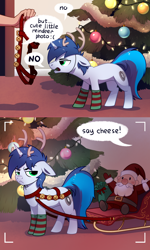 Size: 1800x3000 | Tagged: safe, artist:28gooddays, oc, oc only, oc:shifting gear, human, pony, unicorn, animal costume, antlers, bells, camera shot, christmas, christmas tree, clothes, commission, costume, gilligan cut, holiday, male, reindeer antlers, reindeer costume, santa claus, sleigh, socks, striped socks, tree, unamused, ych result