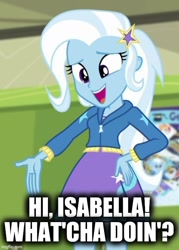 Size: 500x699 | Tagged: safe, trixie, equestria girls, equestria girls specials, g4, my little pony equestria girls: better together, my little pony equestria girls: forgotten friendship, hand on hip, phineas and ferb, text
