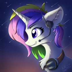 Size: 1000x1000 | Tagged: safe, artist:wolfypon, oc, oc only, pony, unicorn, chest fluff, ear fluff, female, goggles, horn, mare, profile, smiling, solo, space