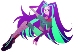 Size: 2893x2032 | Tagged: safe, artist:mywasasi, aria blaze, equestria girls, g4, boots, clothes, disguise, disguised siren, evening gloves, eyeshadow, fingerless elbow gloves, fingerless gloves, fishnet stockings, gloves, high res, lipstick, long gloves, long hair, makeup, midriff, shirt, shoes, simple background, solo, t-shirt, transparent background