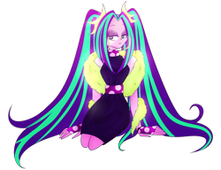 Size: 2893x2226 | Tagged: safe, artist:mywasasi, aria blaze, equestria girls, g4, clothes, dress, ear piercing, earring, eyeshadow, fingerless gloves, gloves, hairband, high res, jewelry, kneeling, makeup, piercing, pigtails, simple background, solo, transparent background, twintails