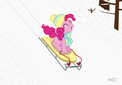 Size: 4478x3118 | Tagged: safe, artist:ironm17, pinkie pie, earth pony, pony, g4, clothes, female, hat, mare, scarf, sled, sledding, snow, solo