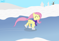 Size: 4478x3118 | Tagged: safe, artist:ironm17, fluttershy, pegasus, pony, g4, clothes, eyes closed, female, ice, ice skates, ice skating, mare, scarf, snow, solo, winter