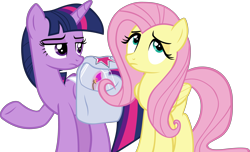 Size: 4774x2899 | Tagged: safe, artist:ironm17, fluttershy, twilight sparkle, alicorn, pegasus, pony, g4, growing up is hard to do, annoyed, bag, duo, female, mare, saddle bag, simple background, transparent background, twilight sparkle (alicorn), vector