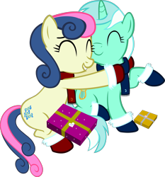 Size: 3761x4029 | Tagged: safe, artist:ironm17, bon bon, lyra heartstrings, sweetie drops, earth pony, pony, unicorn, g4, trade ya!, clothes, duo, duo female, eyes closed, female, gritted teeth, hug, lesbian, mittens, present, scarf, ship:lyrabon, shipping, simple background, transparent background, vector