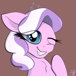 Size: 1428x1428 | Tagged: safe, artist:naen, diamond tiara, earth pony, pony, g4, cute, diamondbetes, female, filly, one eye closed, simple background, solo, wink