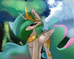 Size: 3300x2655 | Tagged: safe, artist:therealf1rebird, princess celestia, alicorn, pony, g4, ear fluff, female, high res, horn, mare, sky, solo, tree, wings